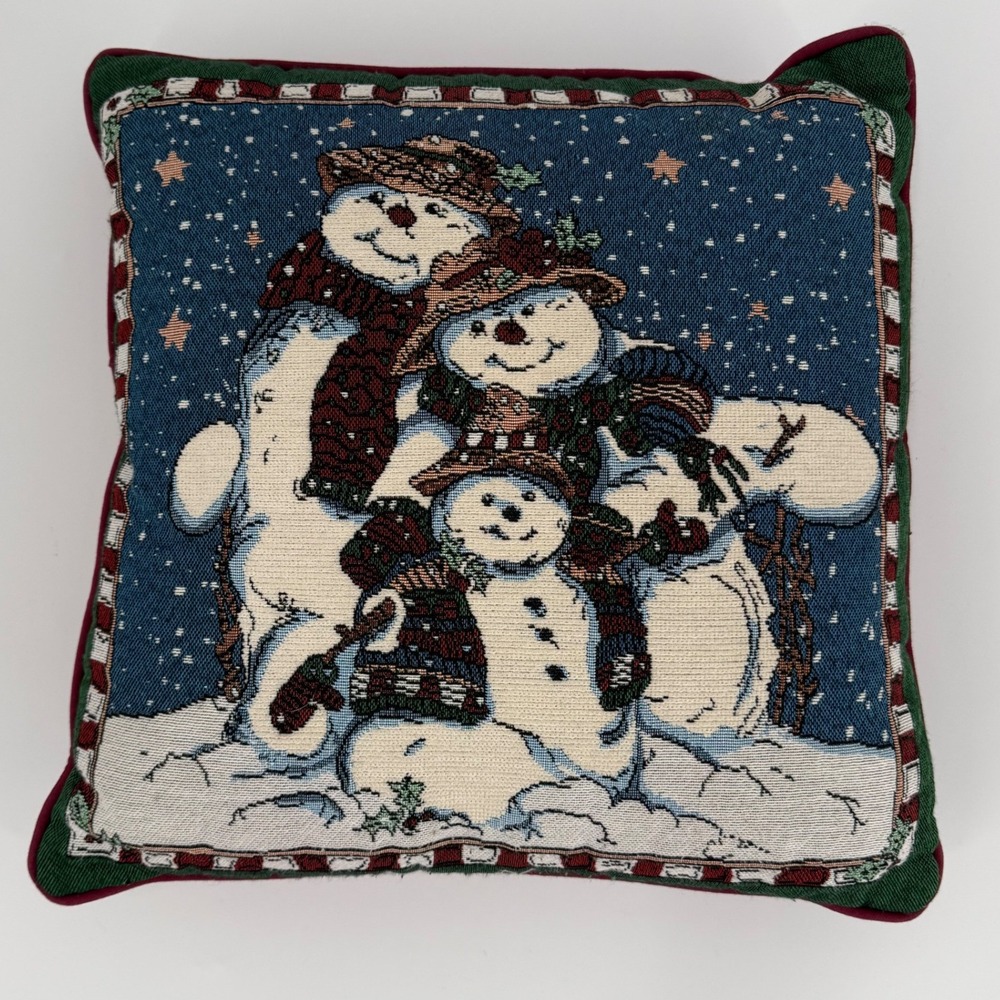 Vintage Christmas Snowman Family Woven Tapestry Throw Pillow 17x17 Holiday Decor